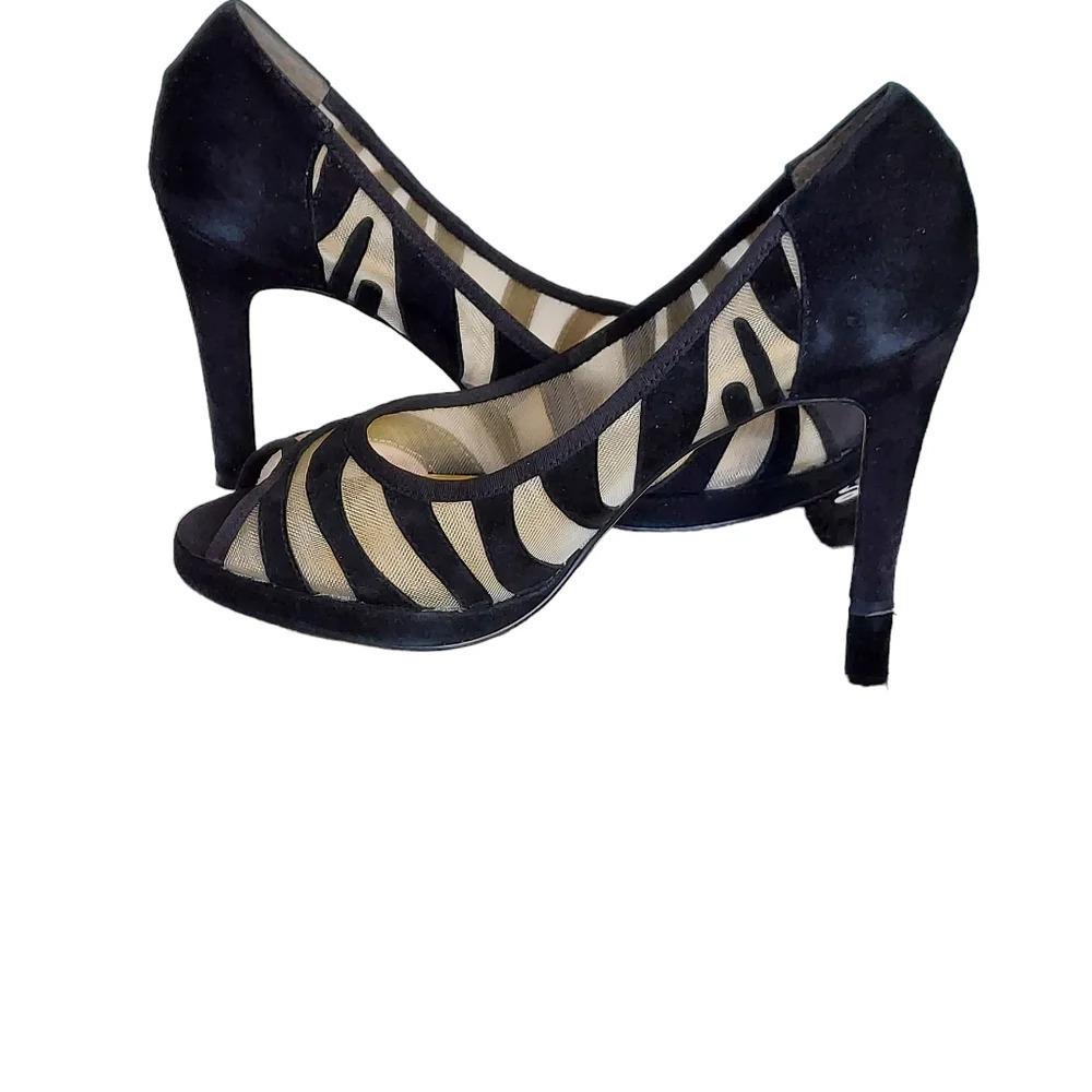 Beverly Feldman Honey2 Black Suede and Mesh Peep Toe Heel - Picture 16 of 16